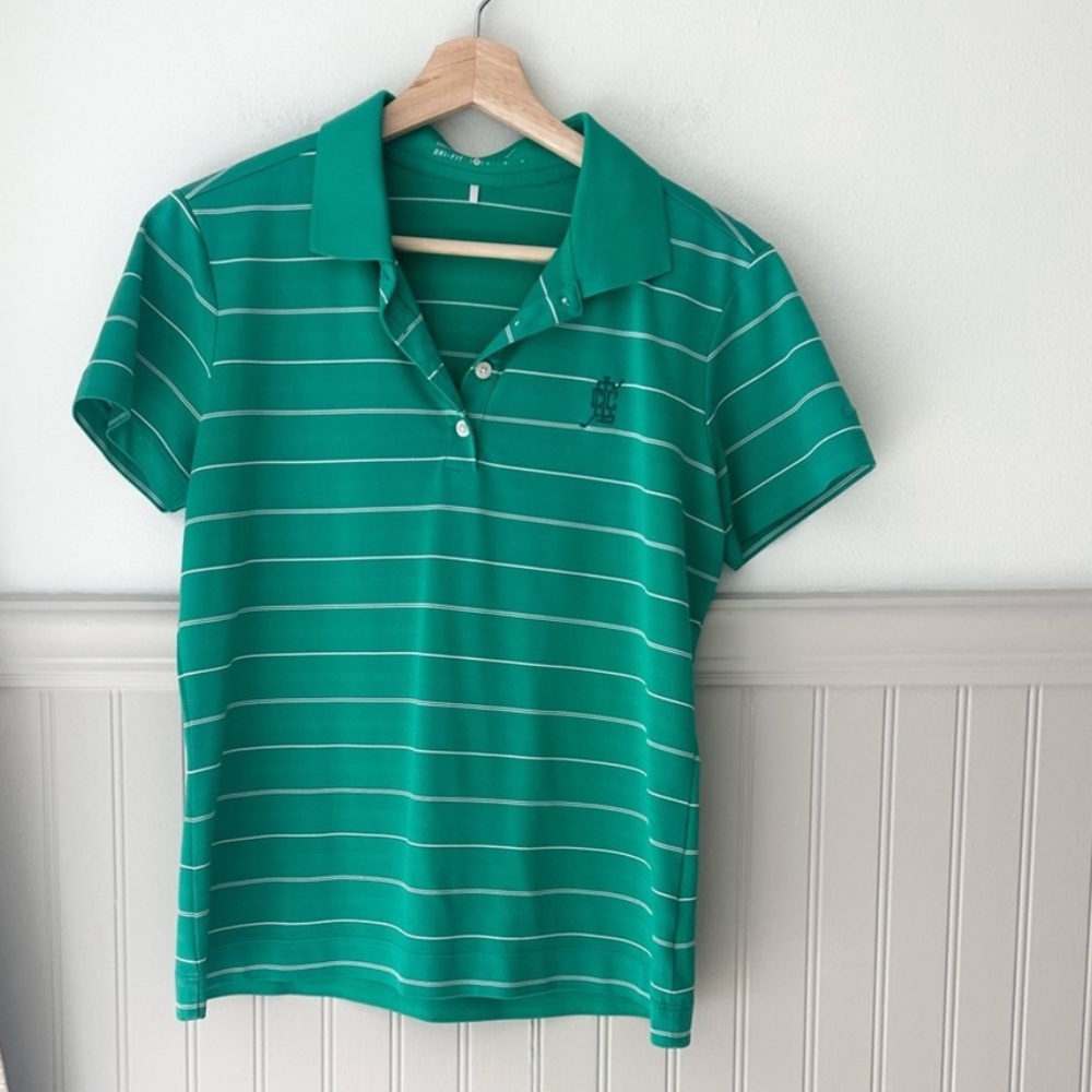 Nike Size Medium Golf Green White Striped Short Sleeve Polo